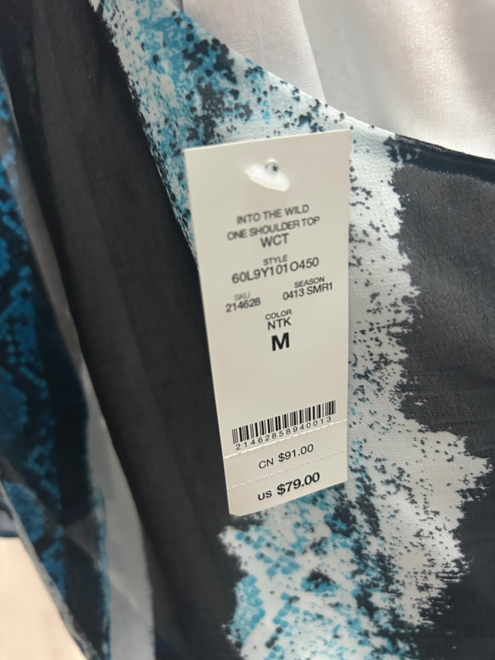 One-Shoulder Teal & Black Patterned Women’s Top - Picture 2 of 3